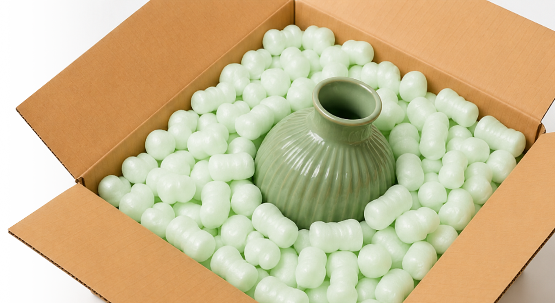 Cardboard box with a green ceramic vase surrounded by light green packing peanuts.