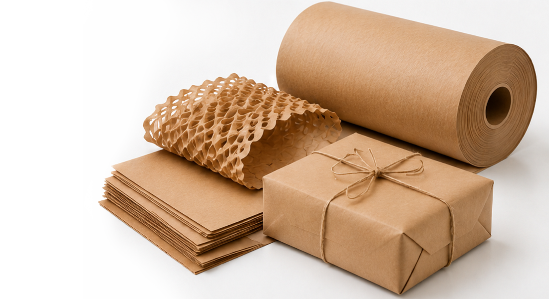 Brown packaging materials including a roll of kraft paper, a wrapped parcel, stacked sheets, and crumpled honeycomb paper.