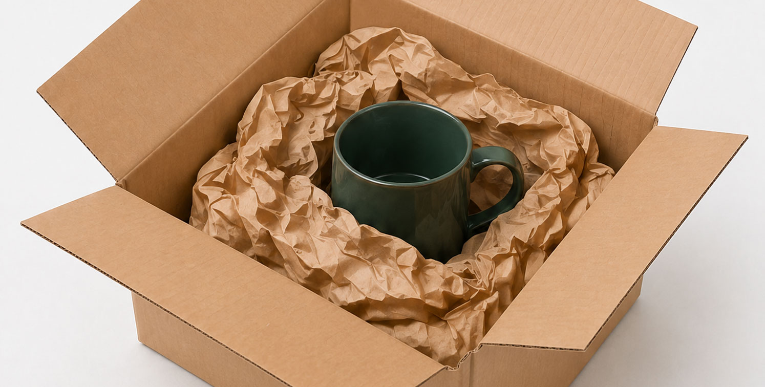 A green mug in an open cardboard box with crumpled brown packing paper.