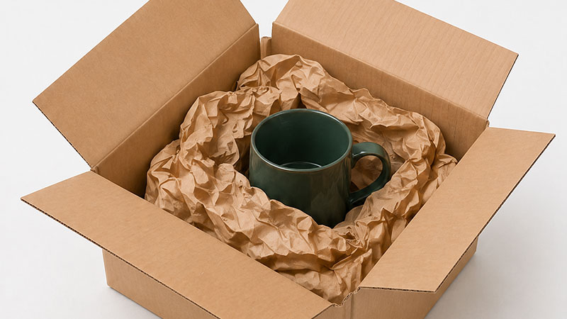 A green ceramic mug in an open cardboard box with brown packing paper.