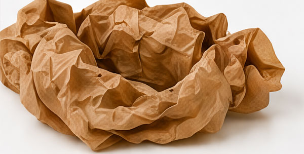 A crumpled brown paper bag on a flat surface.