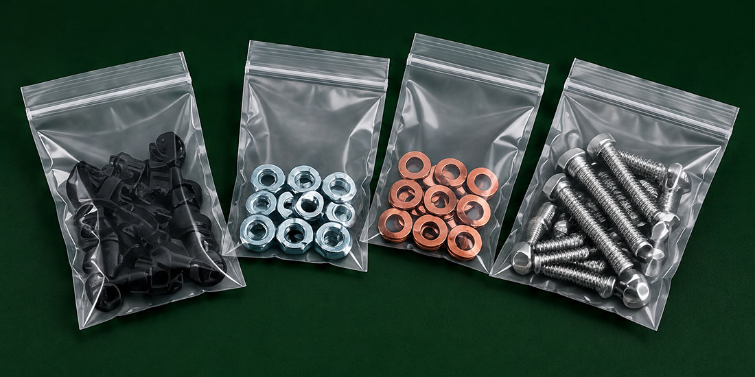 Four sealed plastic bags containing various hardware items: black clips, silver nuts, copper washers, and silver bolts.