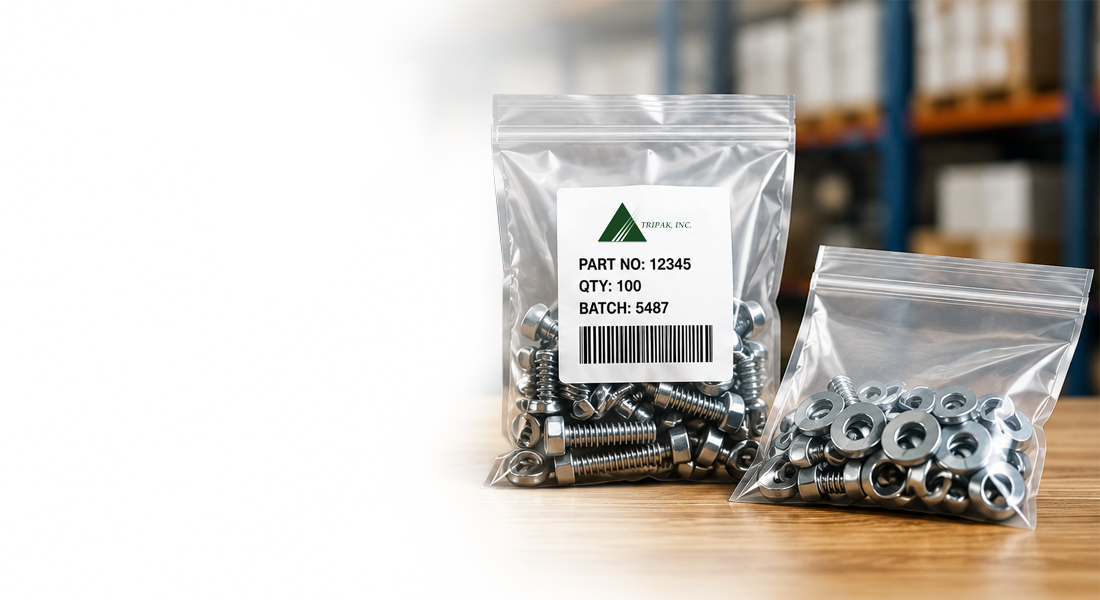 Two clear bags with screws and washers on a table in a warehouse.