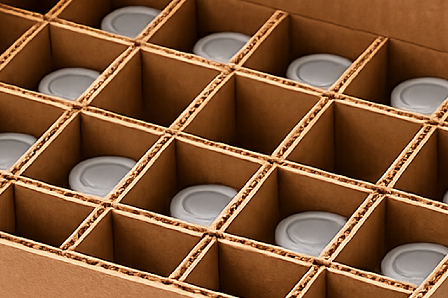 Cardboard box with a grid of compartments, each holding an item with a white circular lid.