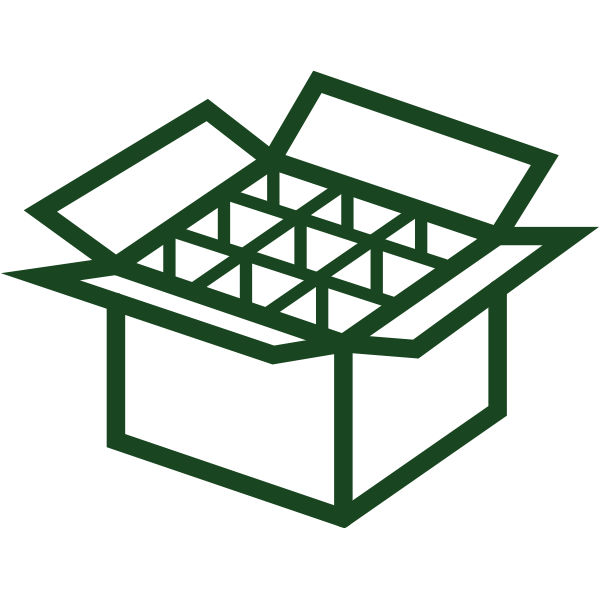 A dark green outline illustration of an open box with grid dividers inside.