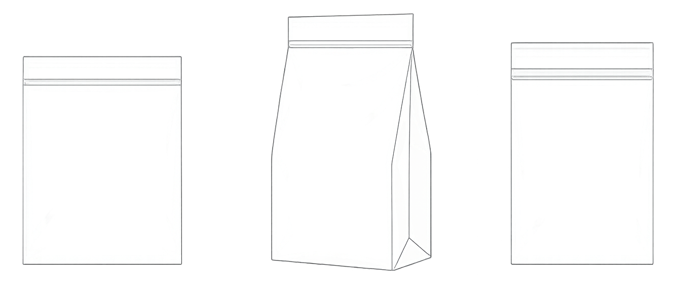Line drawings of two flat zip-lock bags and one stand-up pouch with a gusset.