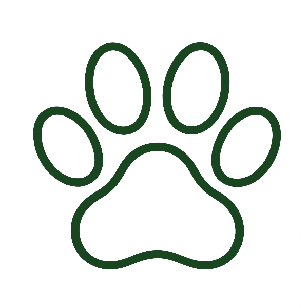 Stylized green outline of a paw print on a white background.