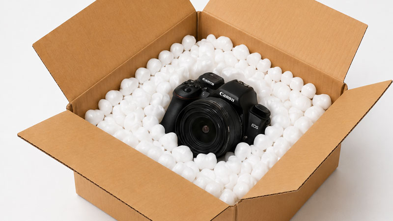 A Canon camera in an open cardboard box filled with white packing peanuts.