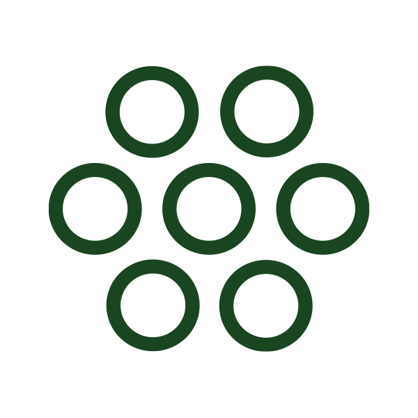 Seven dark green circles arranged in a hexagon pattern on a white background.