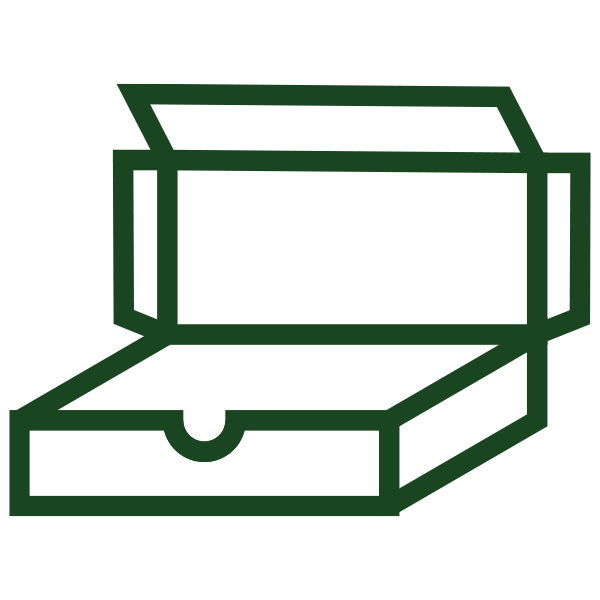 Minimalist green line drawing of an open pizza box.