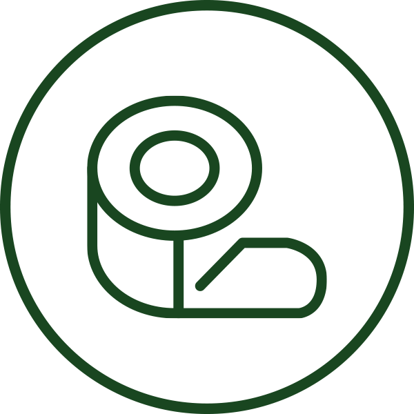 A minimalist dark green outline of a roll of tape within a circle.