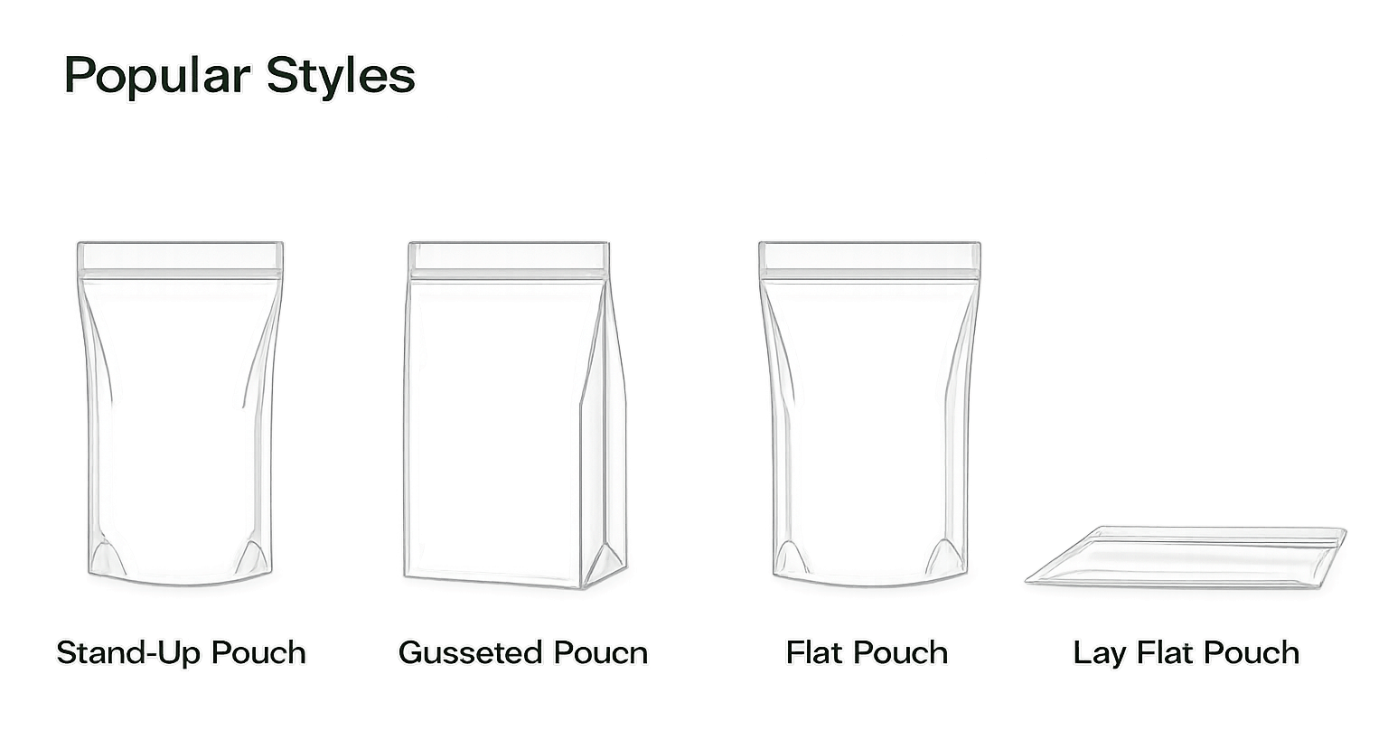 Four types of pouches: Stand-Up, Gusseted, Flat, and Lay Flat.