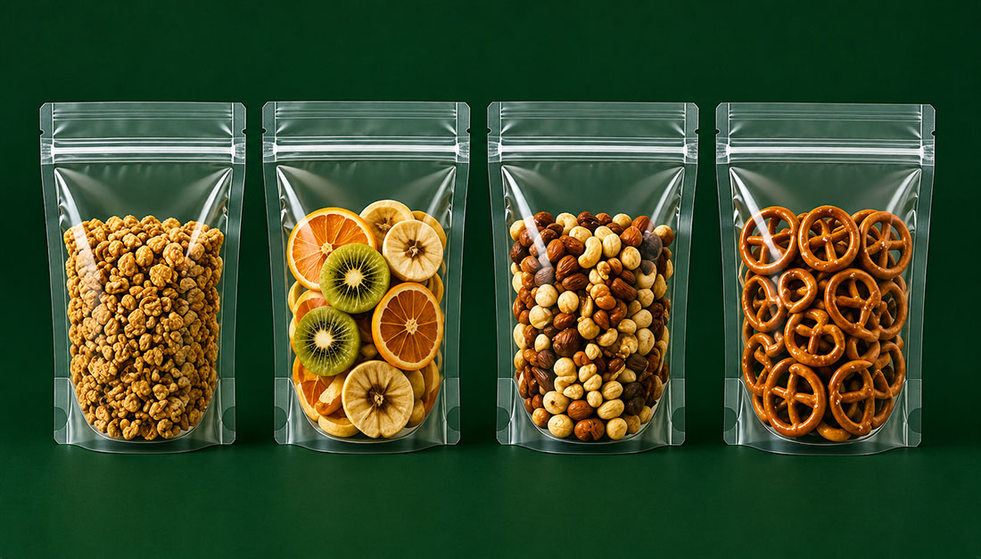 Four clear plastic bags containing granola, dried fruit slices, mixed nuts, and pretzels, against a green background.