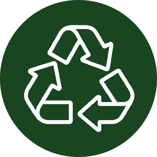 White recycling symbol on a dark green circular background.