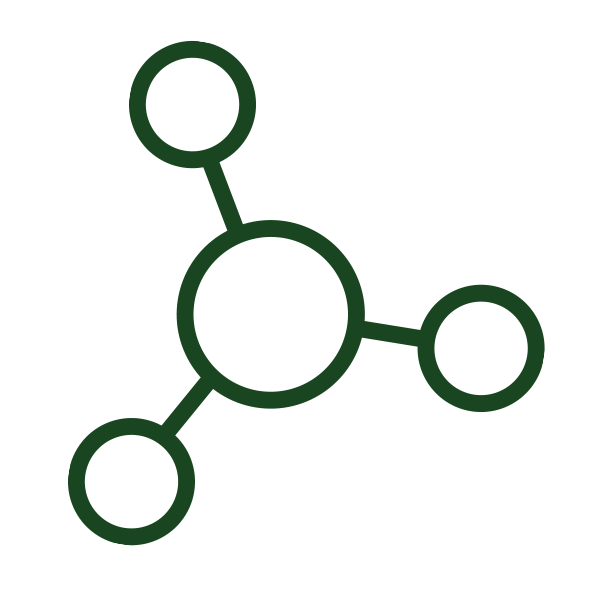 Simple molecular structure with a central circle and three connected smaller circles, in dark green on white background.