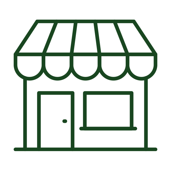 Outline of a small storefront with an awning, door, and window.
