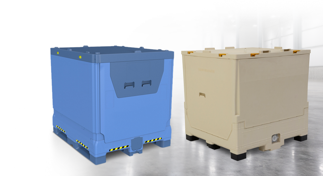 Two large, stackable industrial containers are on a warehouse floor. One is blue with yellow accents; the other is beige. The setting is dimly lit.