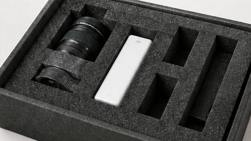 Box with foam insert, holding a camera lens and a white rectangular object.