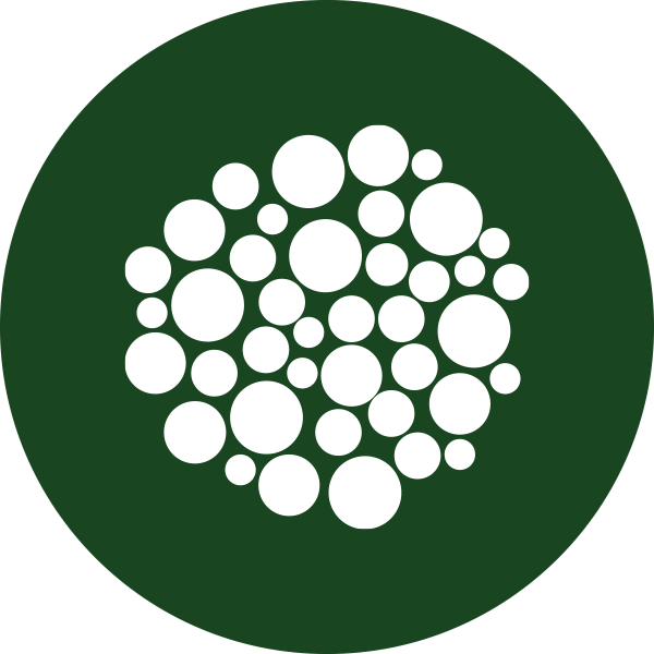 Cluster of white circles on a dark green circular background.