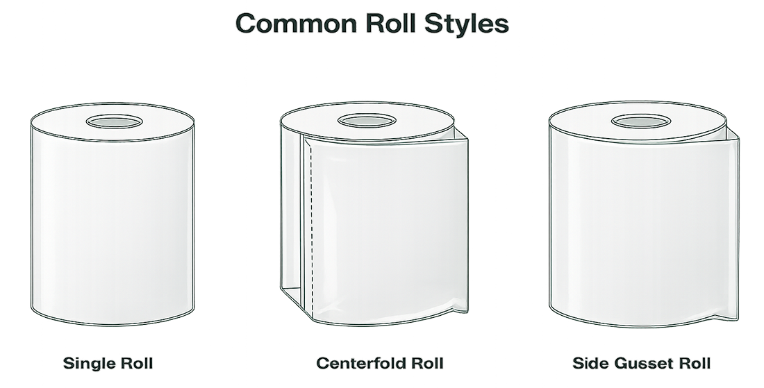 Diagram of three roll styles: Single Roll, Centerfold Roll, and Side Gusset Roll.