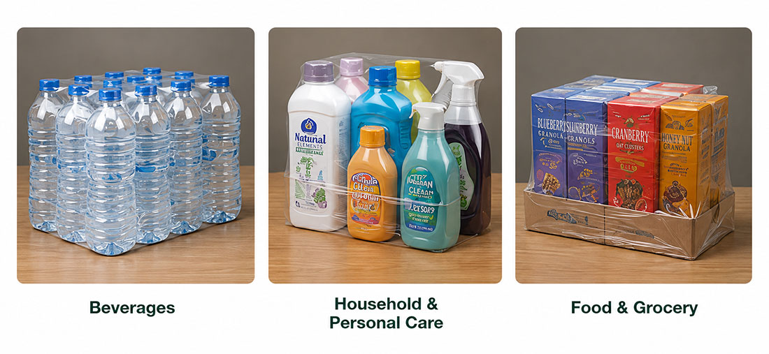 Image of packaged goods divided into three categories: beverages, household and personal care, and food & grocery.