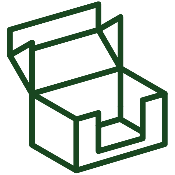 Line drawing of an open cardboard box with flaps, rendered in green.