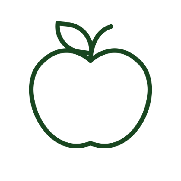 Green line drawing of an apple on a white background.