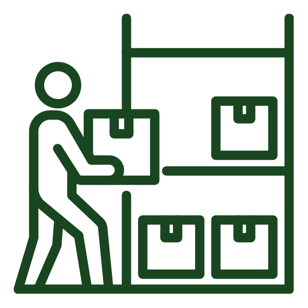Line drawing of a person handling boxes on a shelf.