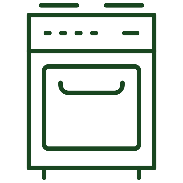 Line drawing of an oven with burners and control knobs.