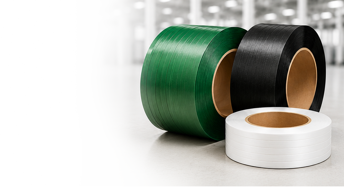 Three rolls of green, black, and white plastic strapping material on a flat surface indoors.