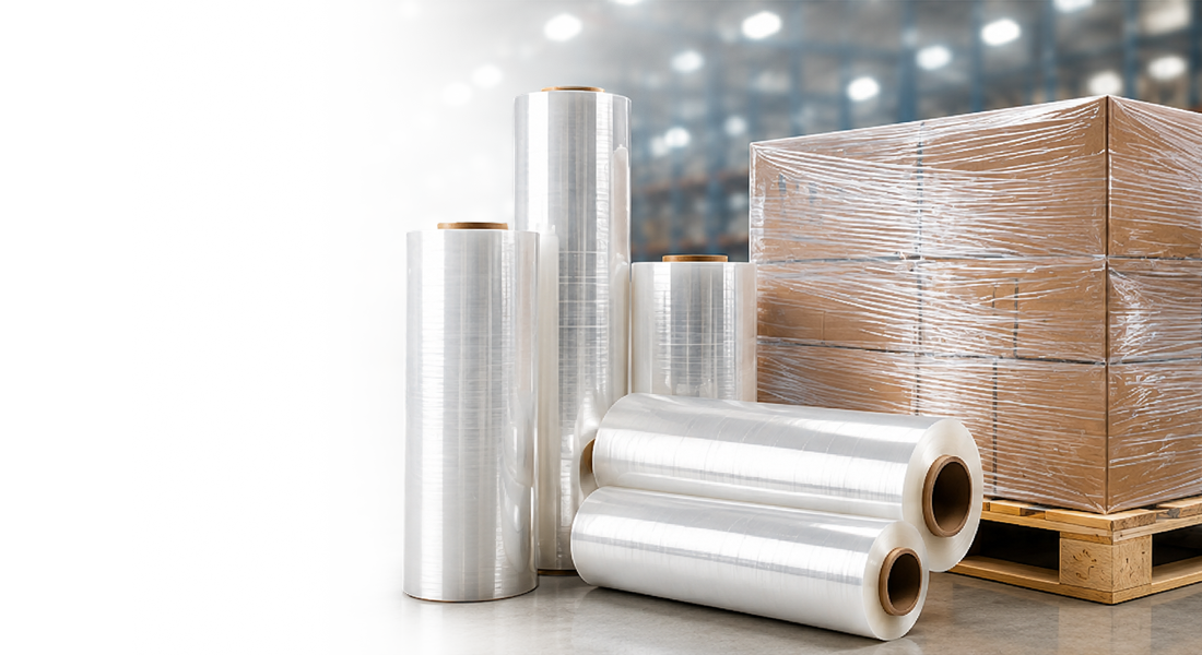 Rolls of clear plastic stretch film next to a pallet of wrapped cardboard boxes in a warehouse setting.