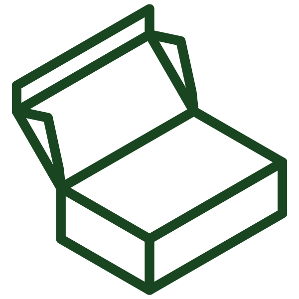 Green line drawing of an open box in isometric view.