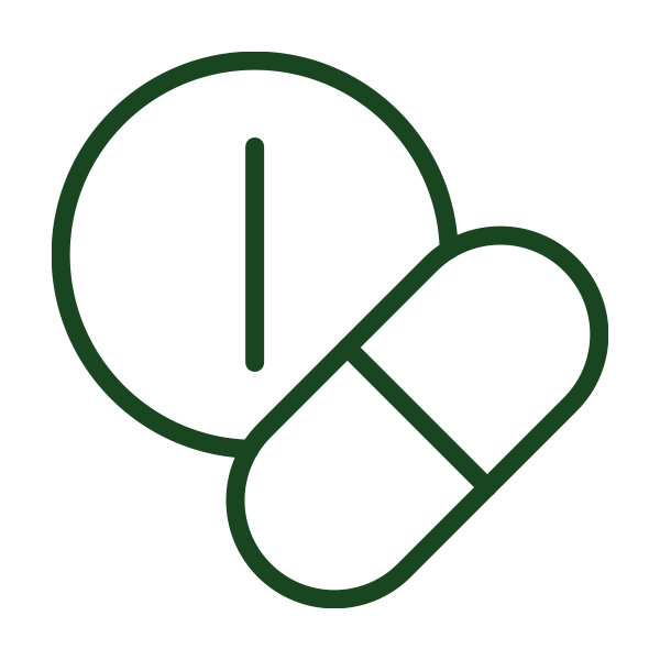 Supplements Icon Outline of a round tablet and a capsule in dark green.