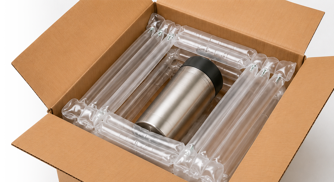 Camera in a cardboard box with inflatable air packaging.
