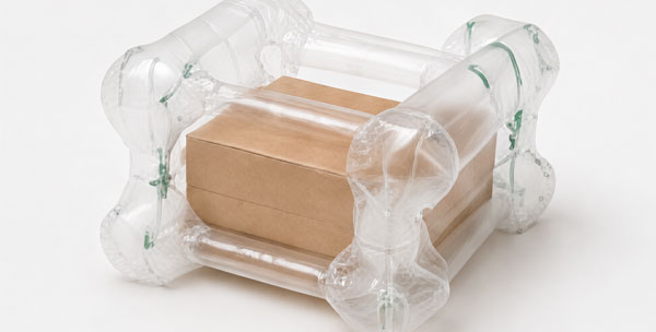 A transparent inflatable cushion encases a brown cardboard box.
