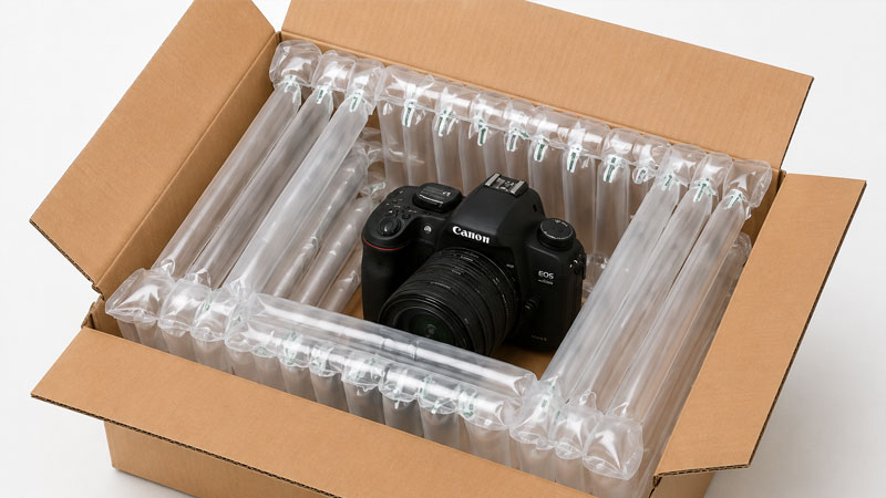 Camera inside an open cardboard box with air cushion packaging.