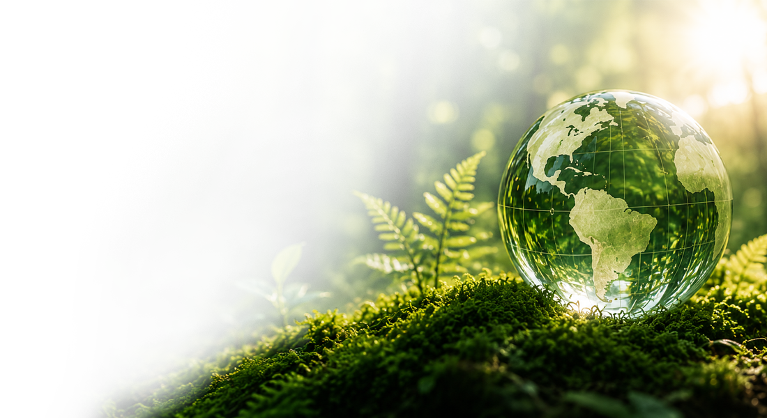 Sustainability Header Glass globe with continents rests on green moss with ferns nearby, under bright light.