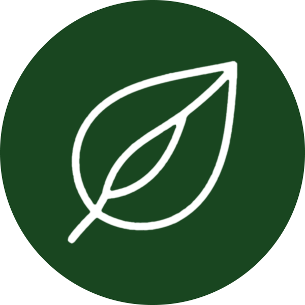 A white outlined leaf on a dark green circle.