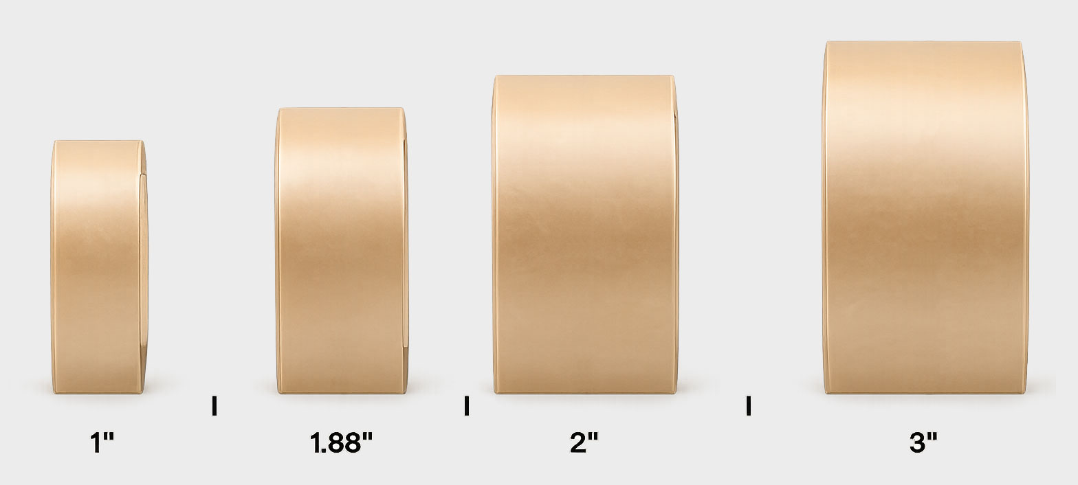 Four rolls of tape in increasing width labeled 1 inch, 1.88 inches, 2 inches, and 3 inches.