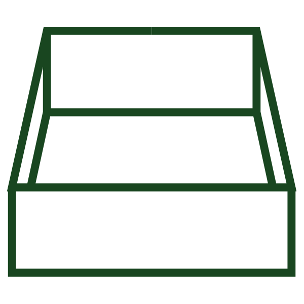 Outline of a greenhouse structure with a peaked roof in dark green lines.