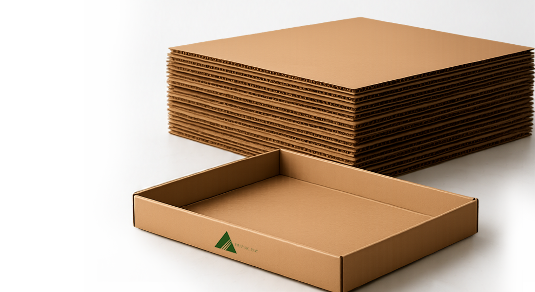 A stack of corrugated cardboard sheets with an unfolded shallow cardboard box in the foreground.