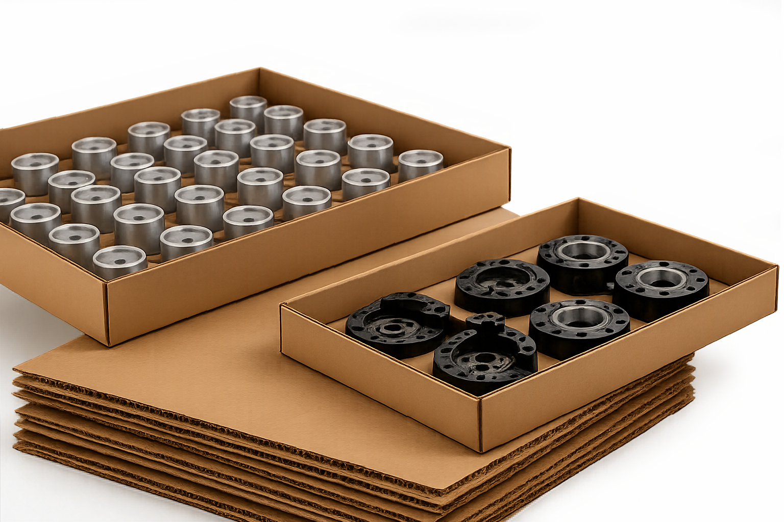 Cardboard boxes containing metal components on a stack of flat cardboard sheets.