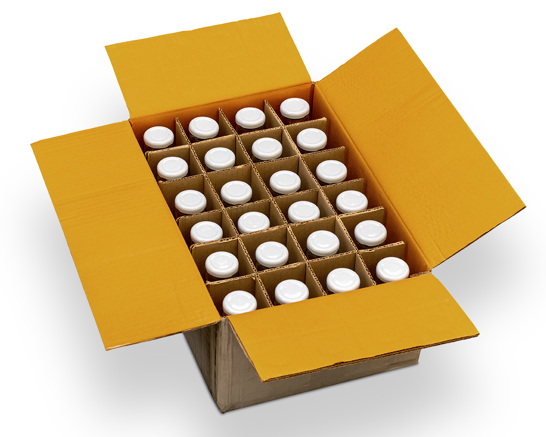 Open cardboard box with yellow flaps containing multiple rows of white plastic bottles in separate compartments.