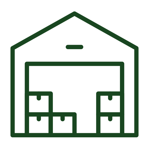 Green outline illustration of a warehouse with stacked boxes inside.