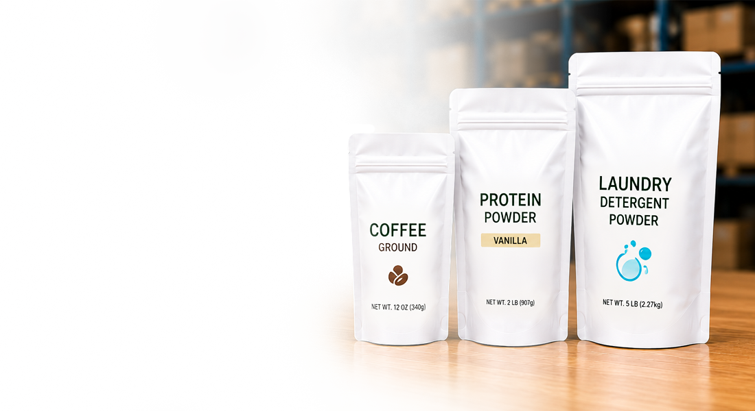 White Block Bags Header Three resealable bags containing coffee, protein powder, and laundry detergent on a wooden surface.