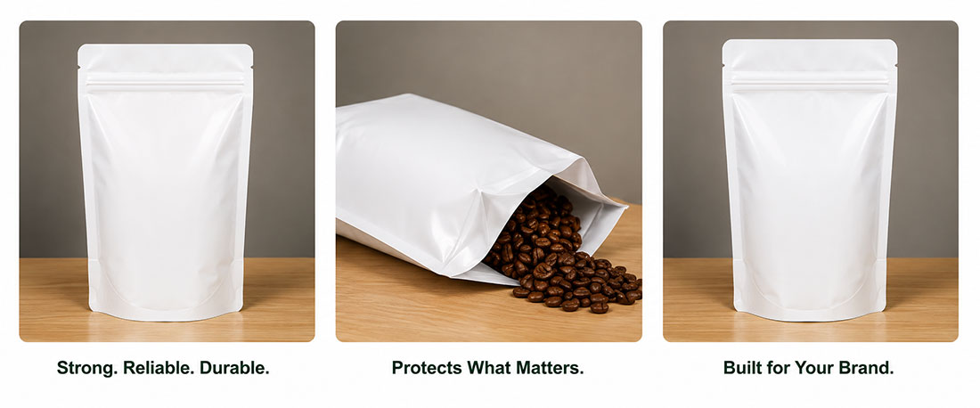 White Block Bags Three panels of white stand-up pouches; sealed, with coffee beans spilling, and another sealed pouch.