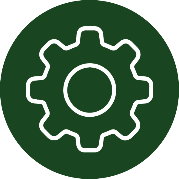 White gear icon on a dark green circle background.