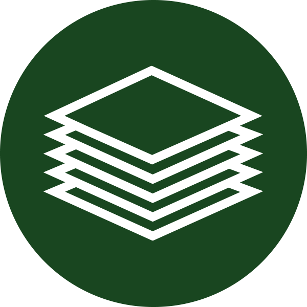 Stacked white squares on a dark green circle background.