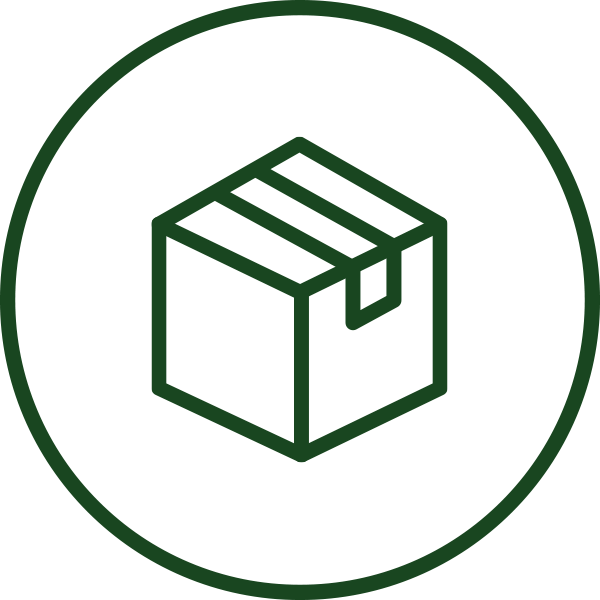 Lightweight Design Icon A dark green line drawing of a box within a circular border on a white background.
