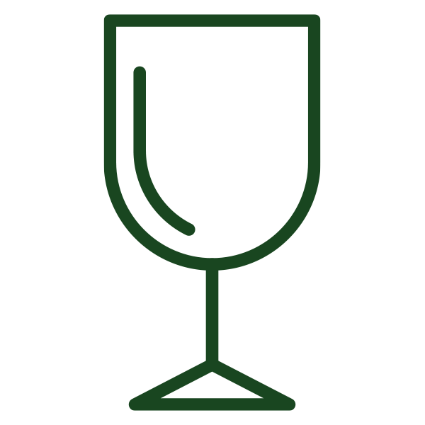 A dark green outline of a wine glass icon on a white background.